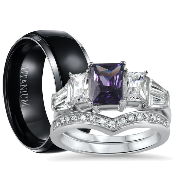 His Hers Sterling Silver Amethyst CZ Bridal Titanium Wedding Band Engagement Ring Set (10/11)