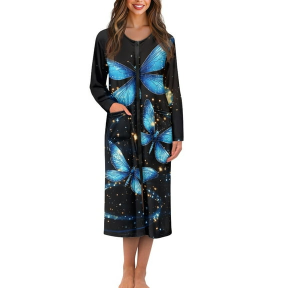 Yuyamidu Blue Butterfly Long Bath Robe Trendy Robes Nightgowns for Women Size 2XL Casual Long Sleeve Zippered Bathrobes Soft Louge Wear Robe Ladies Pajama House Coat