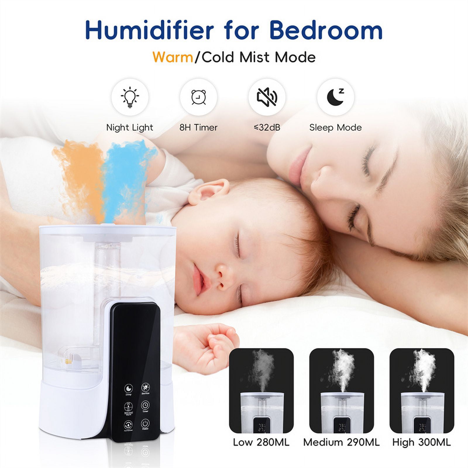 6L Humidifier, Warm & Cool Mist Humidifier for Babies, Bedroom, Nursery, Home and Office, High Precision Humidity Sensor, Plants, Large Capacity