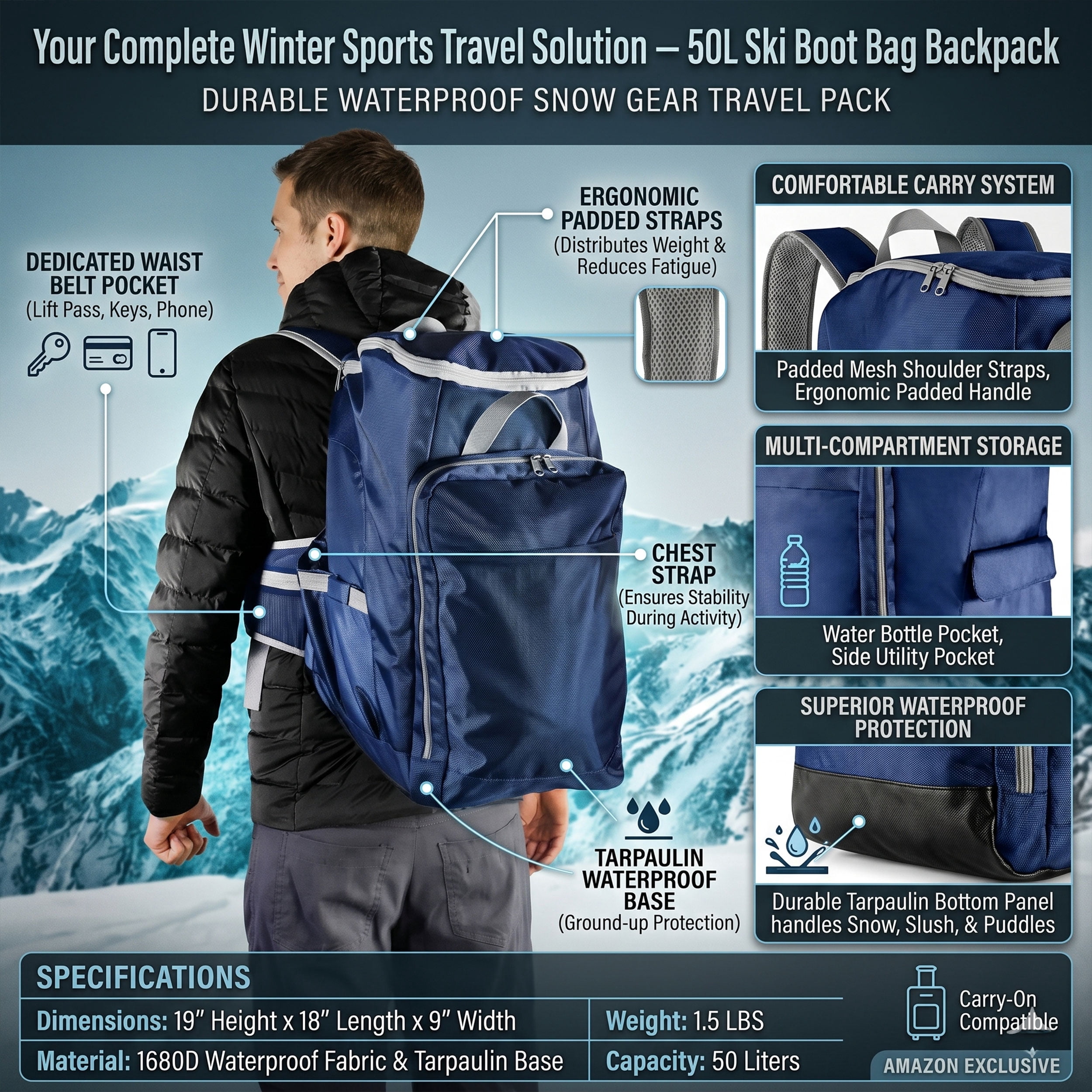 Ski Boot Backpack Travel Bag with Ergonomic Waist Straps – Fits Ski or Snowboard Boots, Helmet, Goggles & Gear – Waterproof Heavy Duty Snow Gear Storage Pack