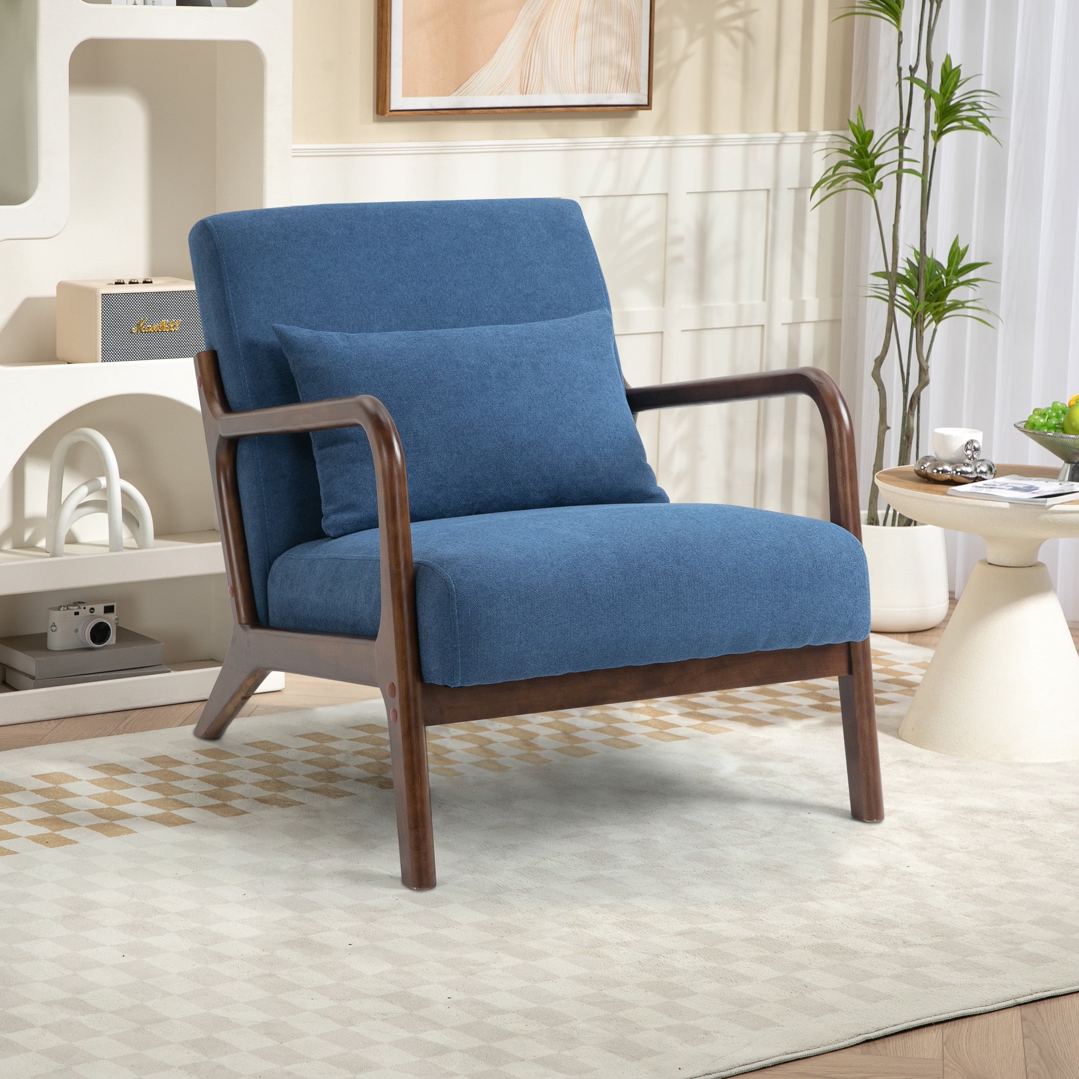 PAPROOS Accent Chair Set of 2, Mid-Century Modern Armchair with Solid Wood Frame and Pillow, Velvet Fabric Upholstered Reading Chair for Living Room Bedroom, Navy