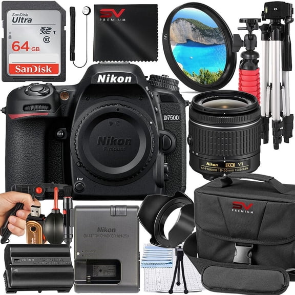 Nikon D7500 Mirrorless Camera with 18-55mm Lens   SanDisk 64GB Memory Card   Pistol Grip Tripod   SV Premium Accessory Bundle (International Version)
