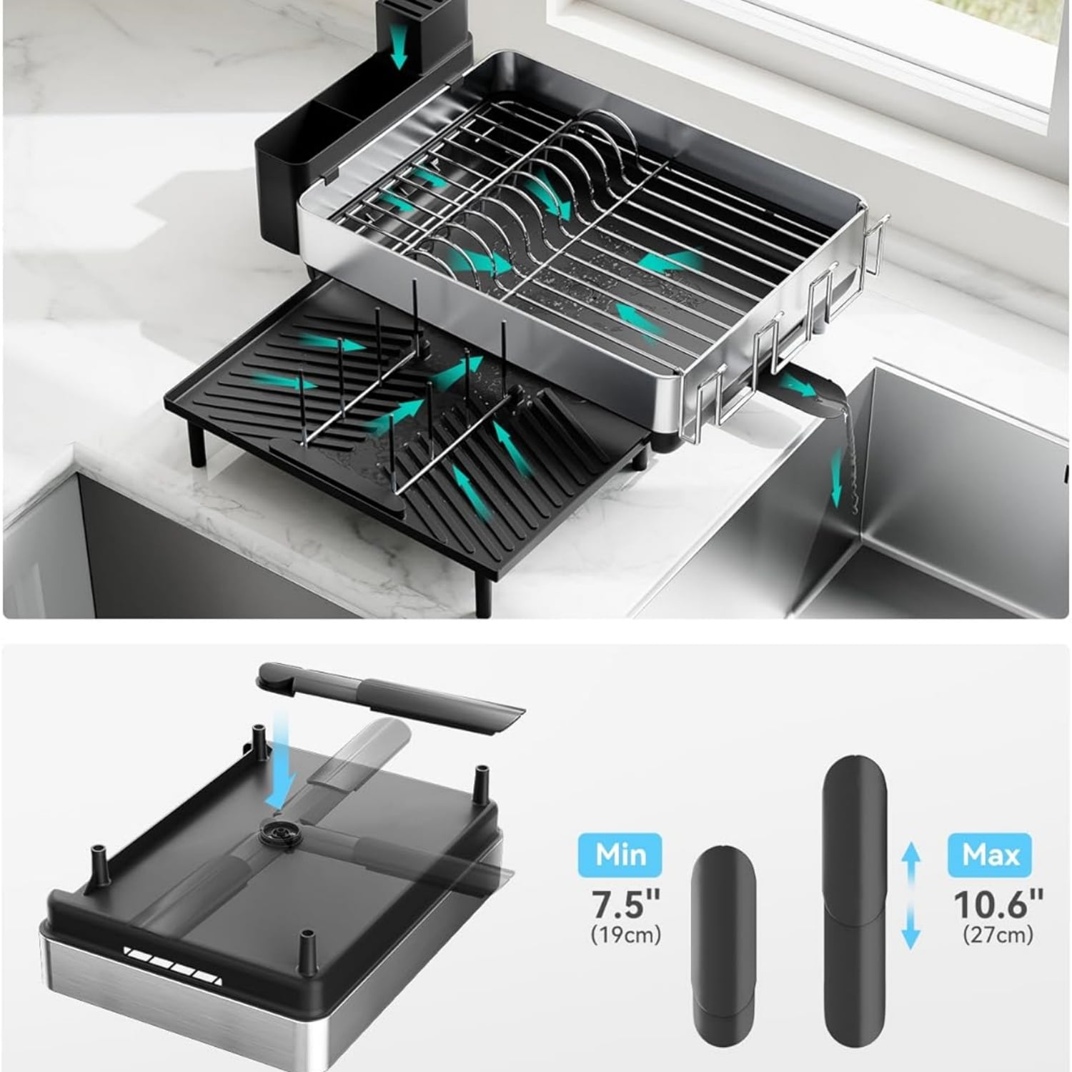 Large Dish Drying Rack, Expandable Dish Racks for Kitchen Counter, Space Saving 304 Stainless Steel Drying Rack Kitchen, Extra Large Drainer with Multifunctional Flip Up Pegs, Black