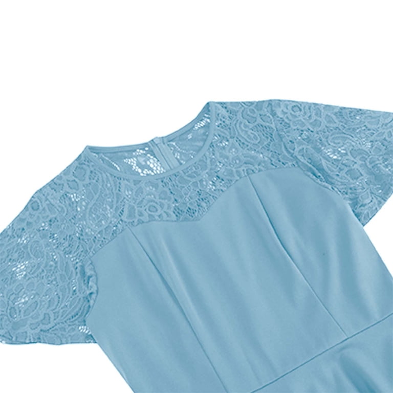 LYEAA Semi Formal Dresses for Women Short Sleeve Crew Neck Midi Dress  Elegant Dress A-line Plain Lace Patchwork Dress 1950s Vintage Holiday Party  Dress Ball Gown Wedding Guest Dress Blue L -