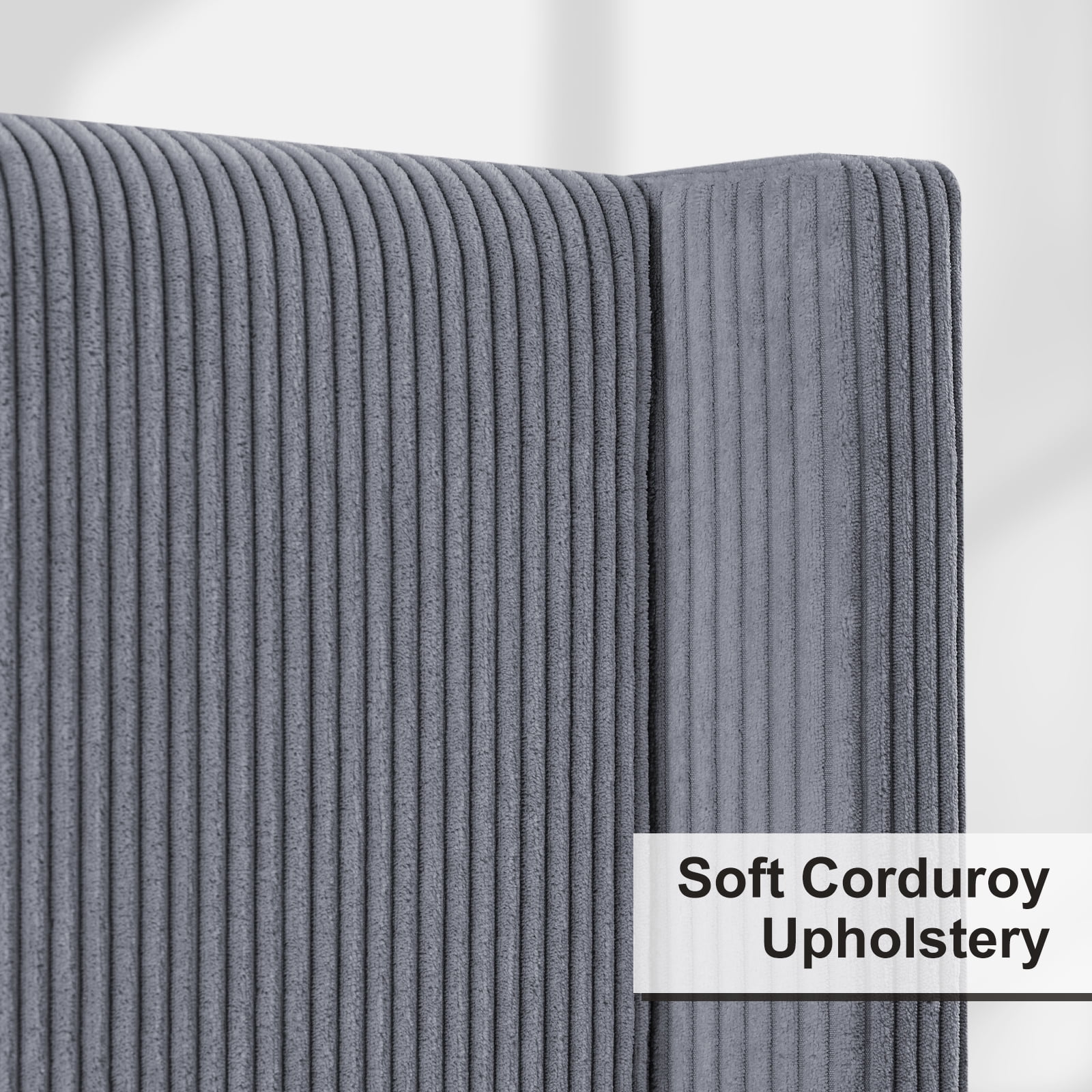 VanAcc King Size 61" Corduroy Upholstered Bed Frame with Vertical Stripe Wingback Headboard/Grey