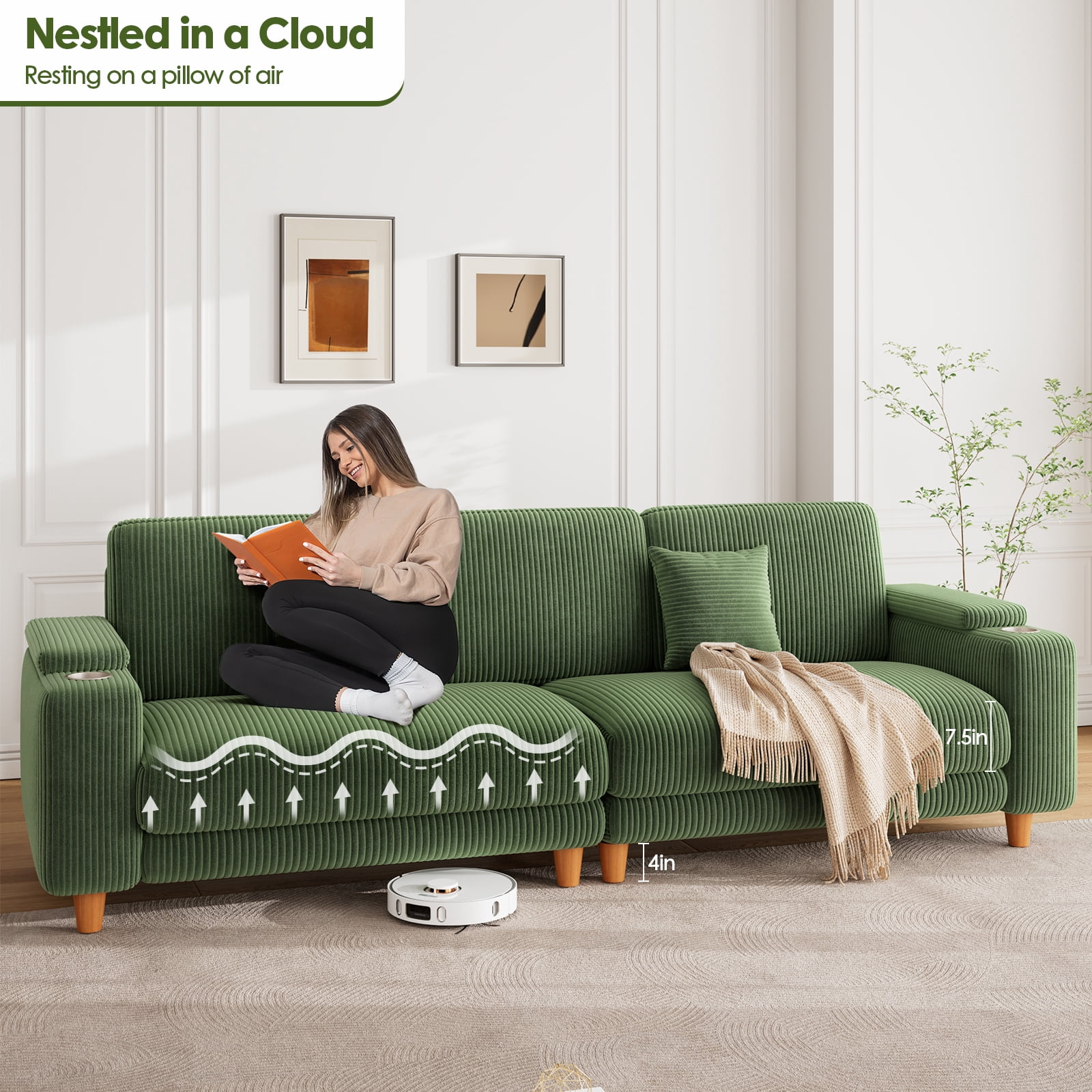Patbrela 101" Oversized Corduroy Sofa with Storage, 24" Extra Deep Seat Couch, Comfy Upholstered with Cup Holder, 2 Pillows, Green