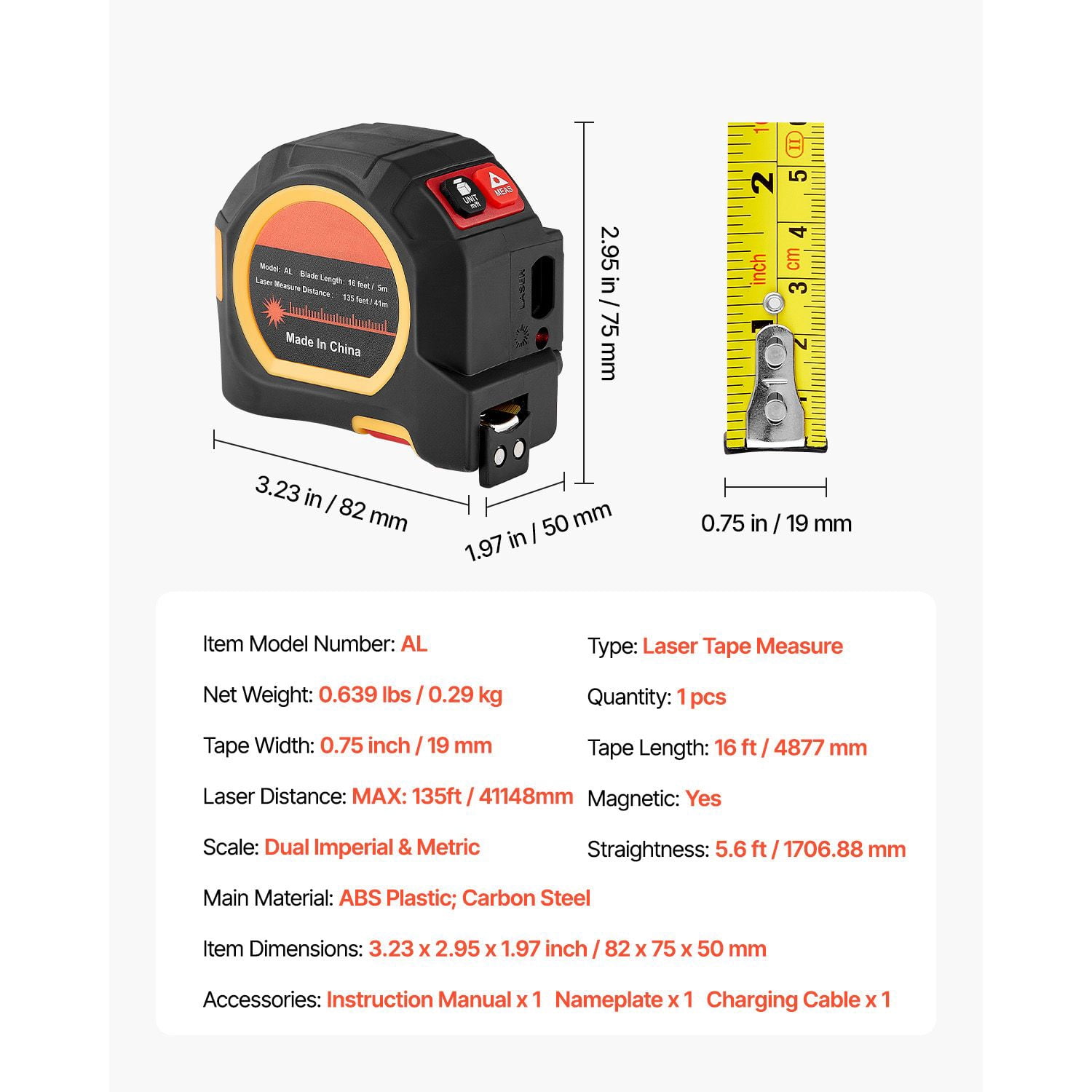 Tape Measure ABS Impact-Resistant Shell 50# Carbon Steel, Dual Mode Self-Lock Magnetic Hook, Retractable Measuring Tape for Construction Woodworking