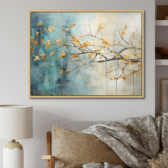 Designart Large Tree Maple framed wall Art, Orange Blue Maple Tree Glowing Embers I , Tree maple framed wall art decor, Orange Traditional Natural framed wall art, Natural brown color Frame