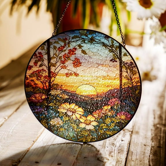 Sunset Floral Stained Glass Suncatcher – Round Hanging Window Decor, Nature Art Sun Catcher, Handcrafted Boho Home Decoration, Gift for Her
