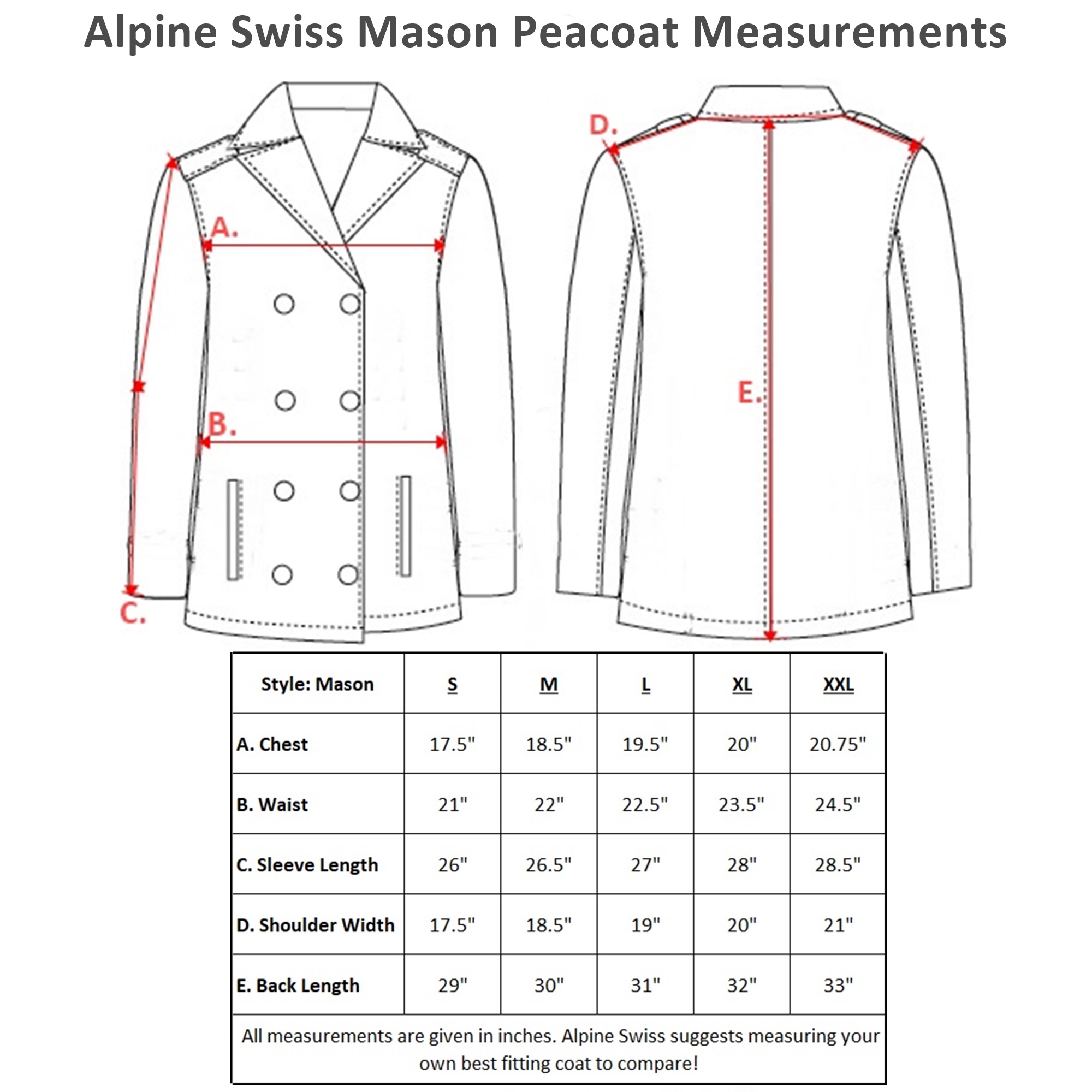 Alpine Swiss Mason Mens Wool Blend Pea Coat Jacket Double Breasted Dress Coat - image 5 of 7