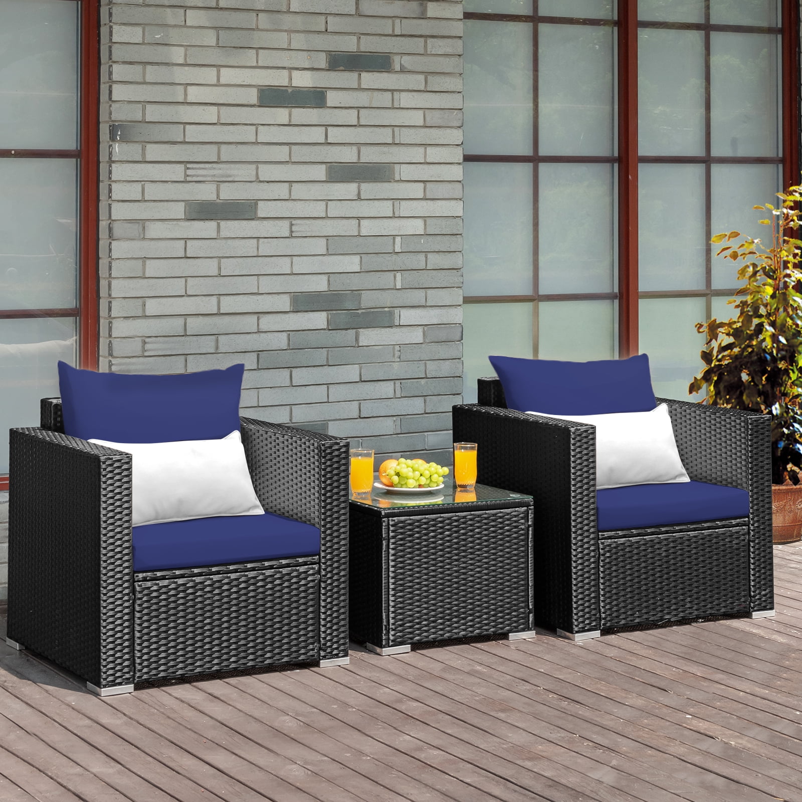 Patiojoy 3PCS Patio Rattan Furniture Conversation Set with 2 Cushioned Sofas & Coffee Table for Outdoor Navy