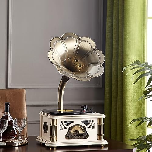 HZLSBL Gramófono vintage con salida Bluetooth Tocadiscos vintage Tocadiscos de gramófono retro para discos de vinilo de 7" 9" 12" 3 velocidades, Hi-Fi, hecho a mano por Pure Oak (oro blanco)