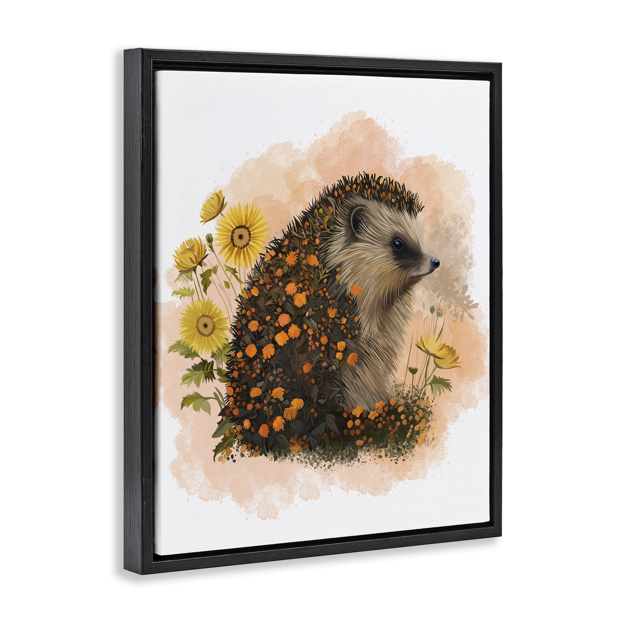 Stupell Industries Wildflower Patterned Hedgehog Animals & Insects Painting Black Floater Framed Canvas Art Print Wall Art, 17 x 21