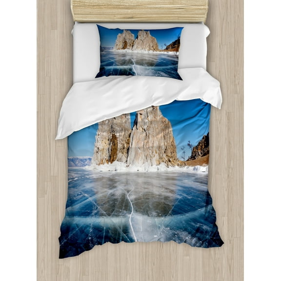 Winter Twin Size Duvet Cover Set, Frozen Lake Baikal in Siberia Icicles Scenic Nature Structure Cold Climate, Decorative 2 Piece Bedding Set with 1 Pillow Sham, Blue Caramel White, by Ambesonne
