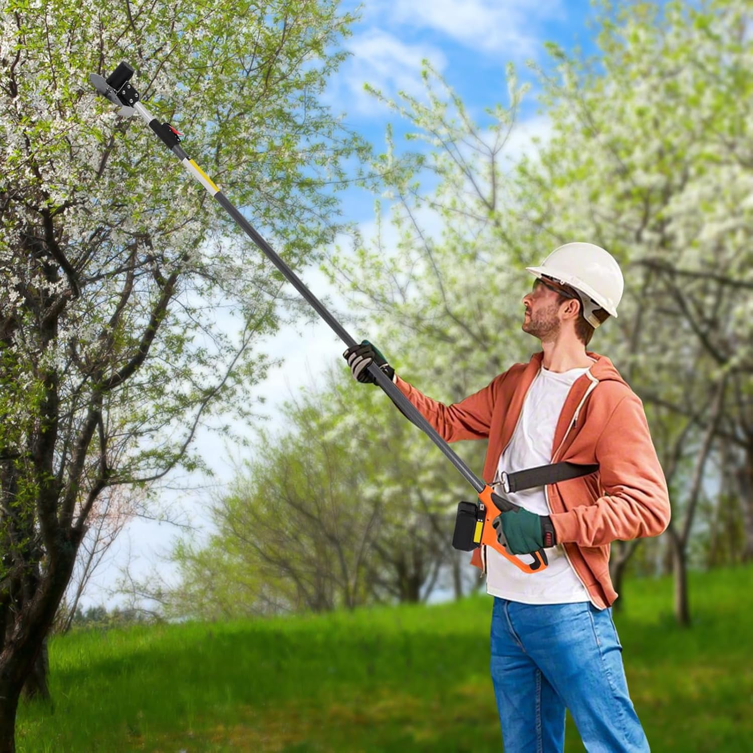 Cordless Pole Saw, Adjustable Electric Pole Saws for Tree Trimming, Battery Powered Pole Hedge Trimmer with 2 Blades & Lithium Battery for Orchards, Farms, Botanical Gardens