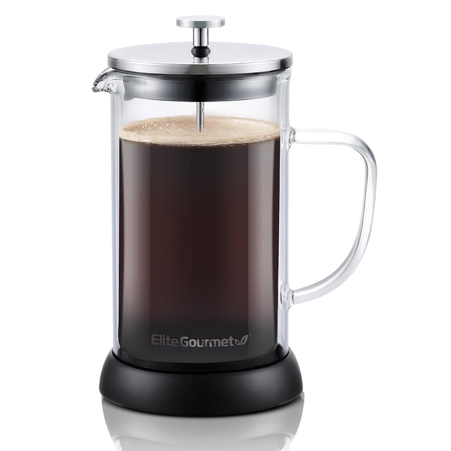 Elite Gourmet FP1223 Cafetera de prensa francesa de 1 litro, jarra de vidrio de borosilicato aislada de doble pared, conjunto de filtro/émbolo de acero inoxidable apto para lavavajillas, base de silic