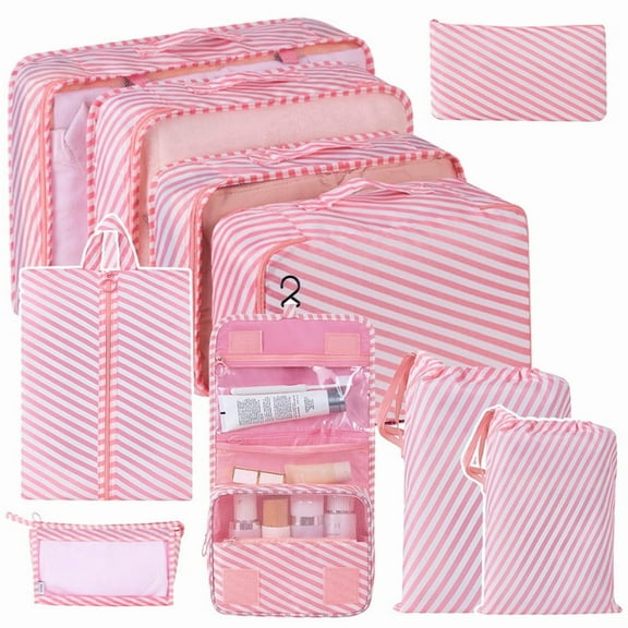 Packing Cubes for Travel,AILKIN 10 PCS,Compression Bags For Travel with Shoe&Hanging Toiletry Bag,Suitcase Travel Accessories Essentials Organizer Bags Packing Cubes for Luggage Compression，Pink
