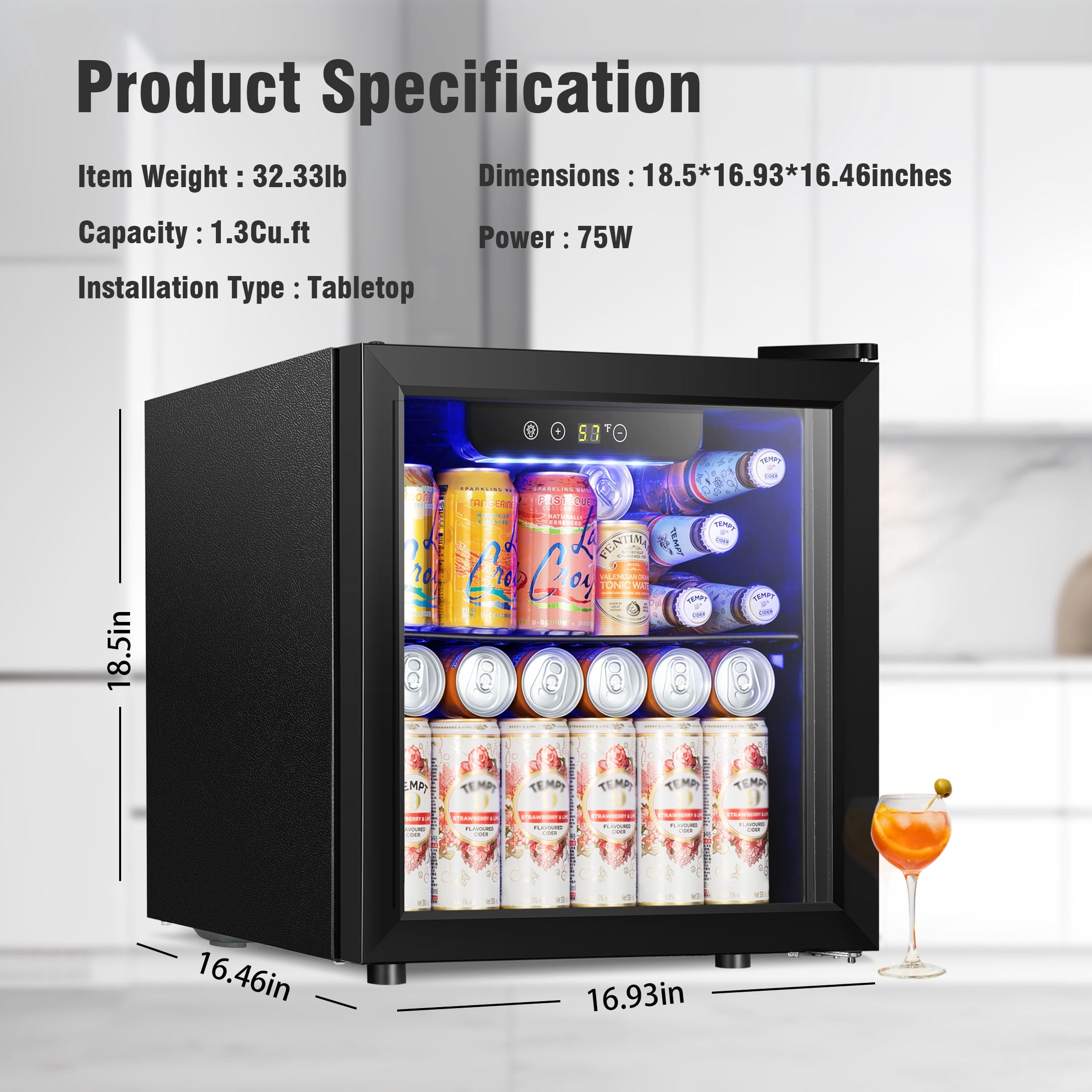Electactic 1.3 Cu.Ft Beverage Refrigerator, 12 Bottle & 48 Can Mini Beverage Refrigerator, Mini Fridge with Glass Door for Home/Bar/Office