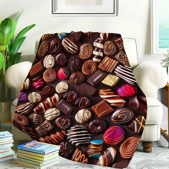 Food Theme Throw Blanket, Coffee Colored Chocolate Pattern Blanket Gifts for Women Men Adults Kids, Soft Lightweight Flannel Fabric, All-Season for Home Decor/Living Room/Outdoor (60"x50")