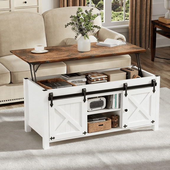 HAIMOO 47in Farmhouse Lift Top Coffee Table with Sliding Groove Barn Door, Lifting Tabletop and Adjustable Shelf Rustic Center Table for Living Room Office with Hidden Storage Compartment