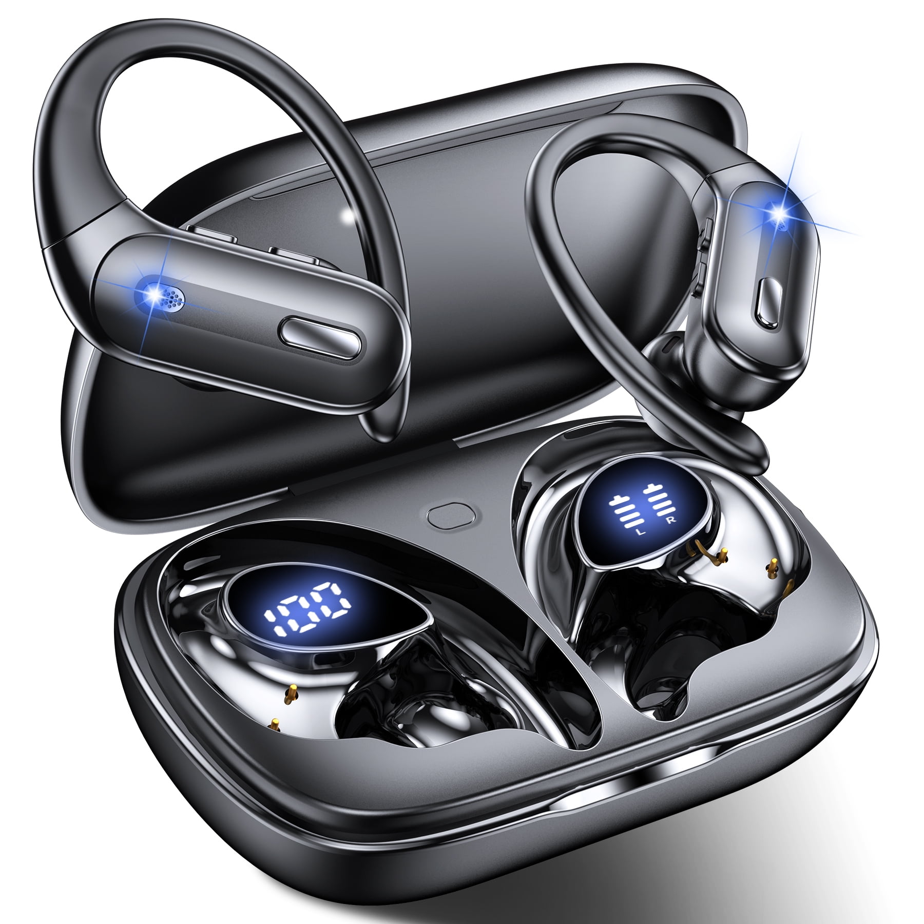 VEAT00L Active Noise Cancelling Ear Buds Wireless Earbuds 75H Playtime Bluetooth Headphones with LED Display Case, Deep Bass Fitness Earphones Gym Running Workout, IP7 Over Earbuds with Earhook