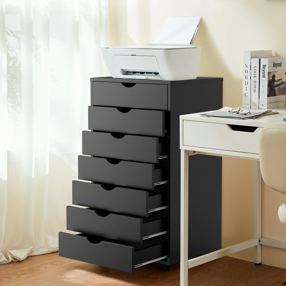 7 Drawer Mobile File Cabinet with Wheels, Under Desk Storage Organizer for Bedroom/Office/Home, Black