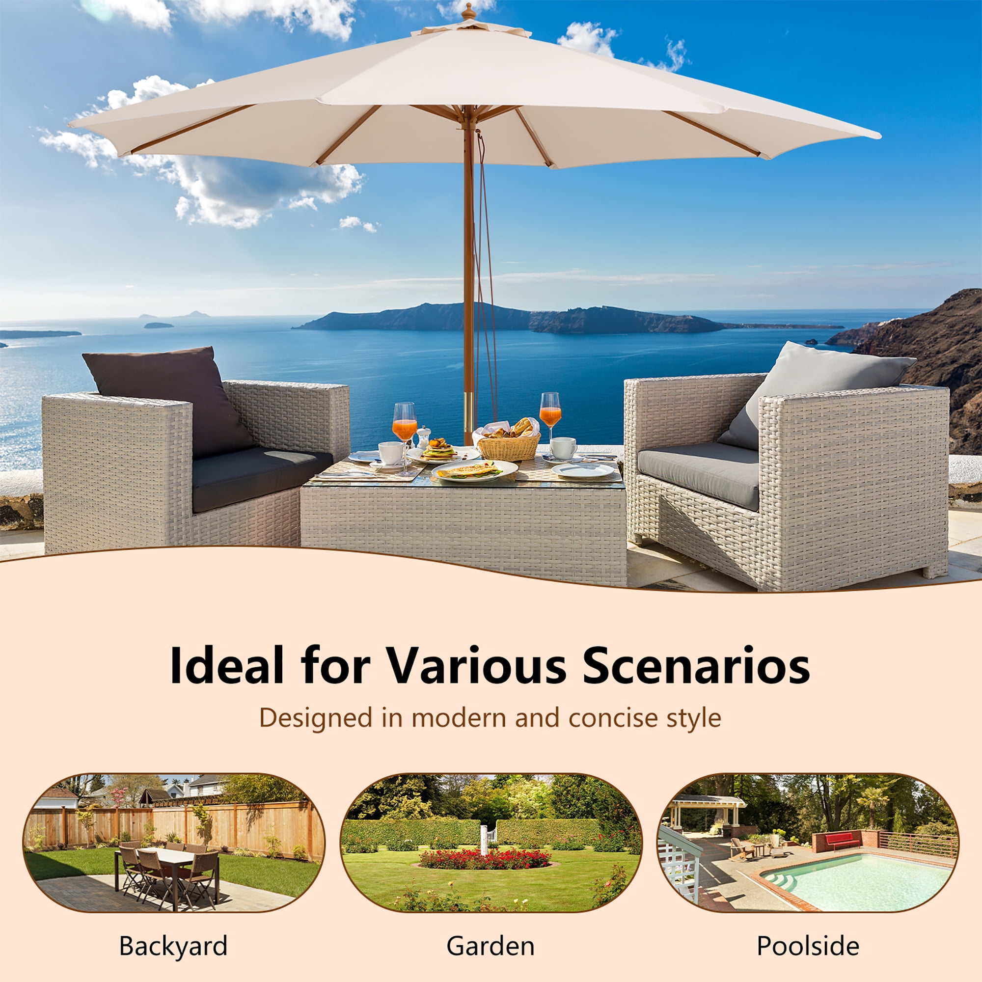 Costway 10FT Patio Wooden Market Table Umbrella Pulley w/8 Bamboo Ribs Sunshade Canopy Beige