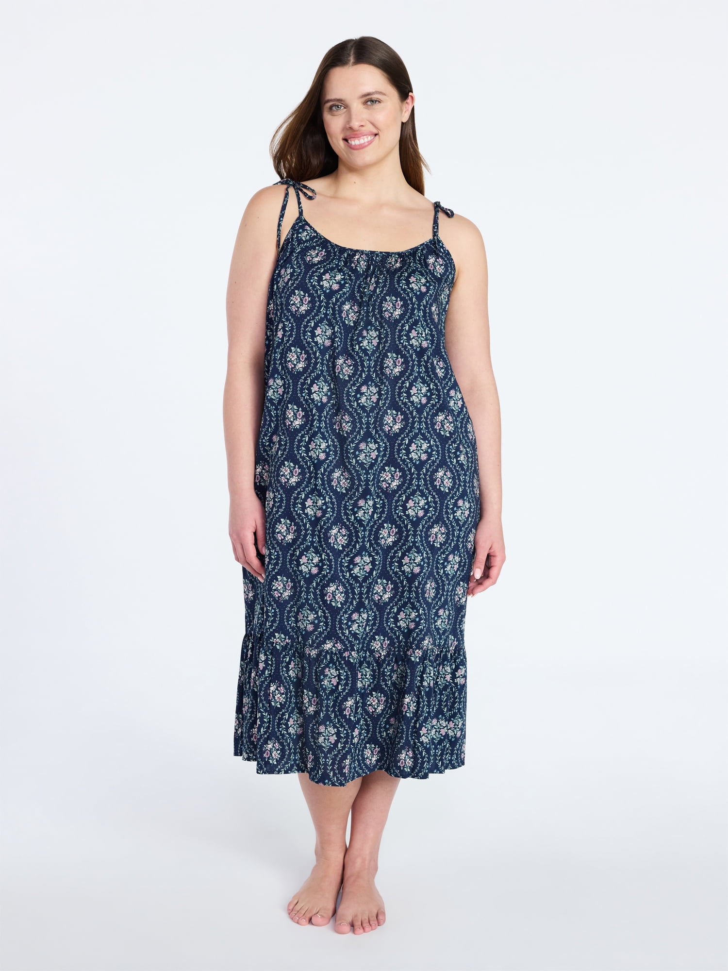 Joyspun Women's Woven Midi Sleep Gown with Shoulder Tie, Sizes XS-3X