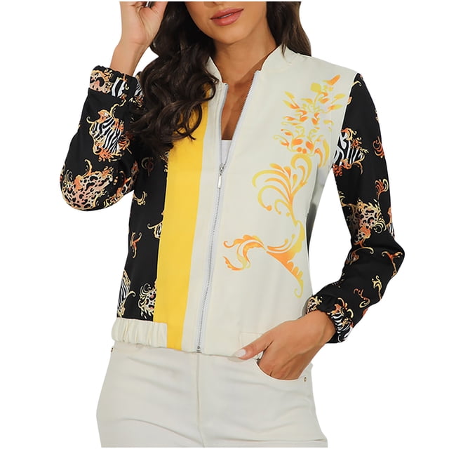 Veste pour Femmes Mode Femmes Printemps Automne Imprimé Fermeture Éclair Manches Longues Coupe Ajustée Veste