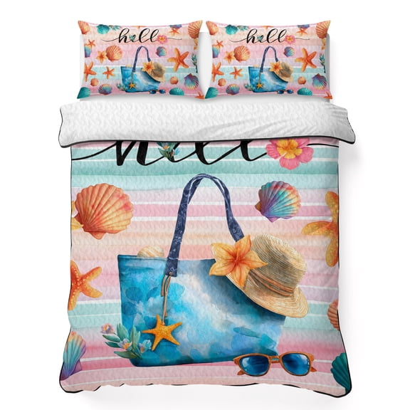 Quilts Twin XL Size Bedding Set, Summer Beach Lightweight Quilted Comforter, Ocean Shells Starfish Bag Stripe Rainbow Soft Reversible Bedspread Coverlet with Pillow Covers for All Season, 68" x 98"