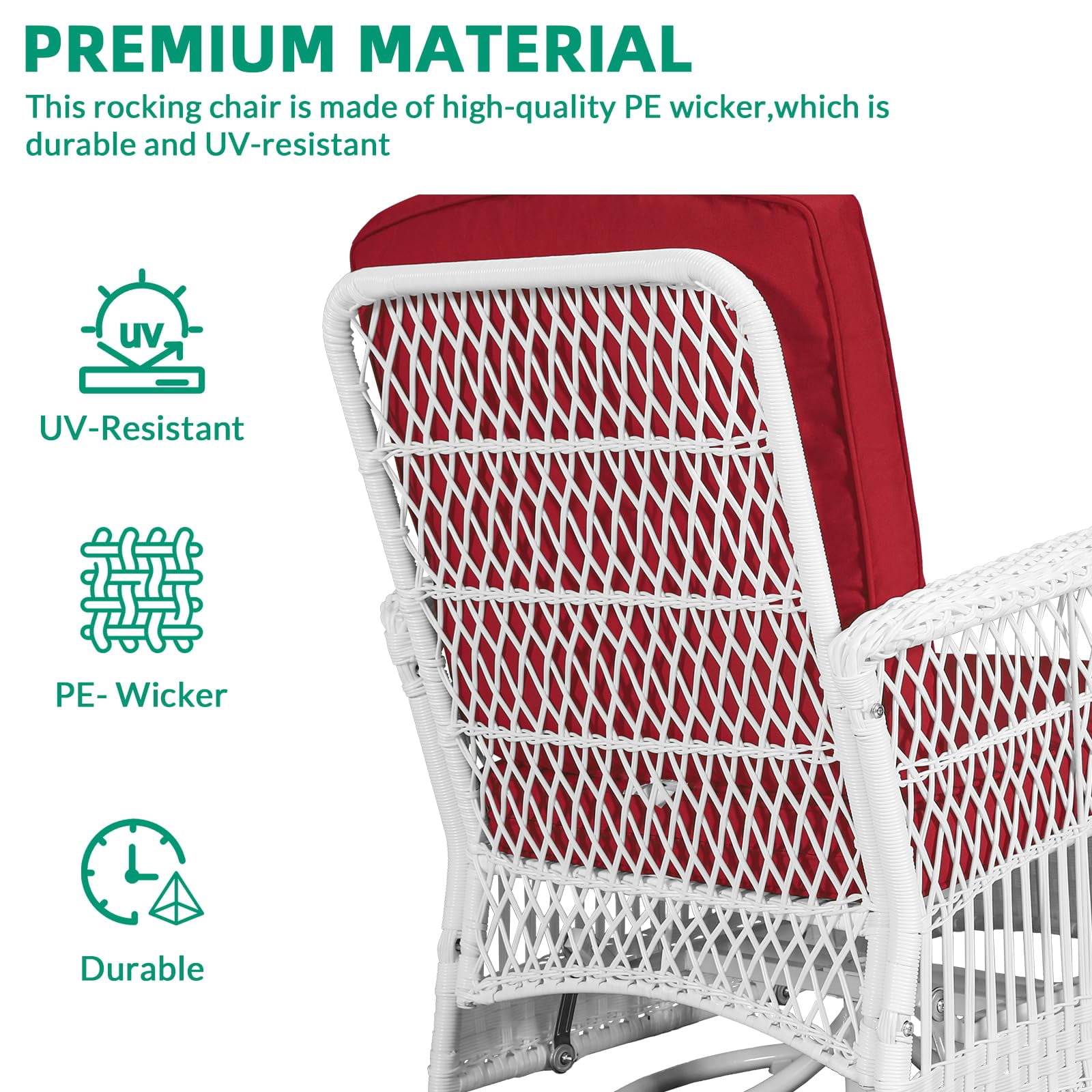 VIVIJASON 3-Piece Outdoor Conversation Bistro Set, Patio Swivel Glider Rocking Chairs Rattan Furniture Sets w/ 2 White Rattan Chairs, Glass Top Side Table for Porch Backyard, Red Cushions