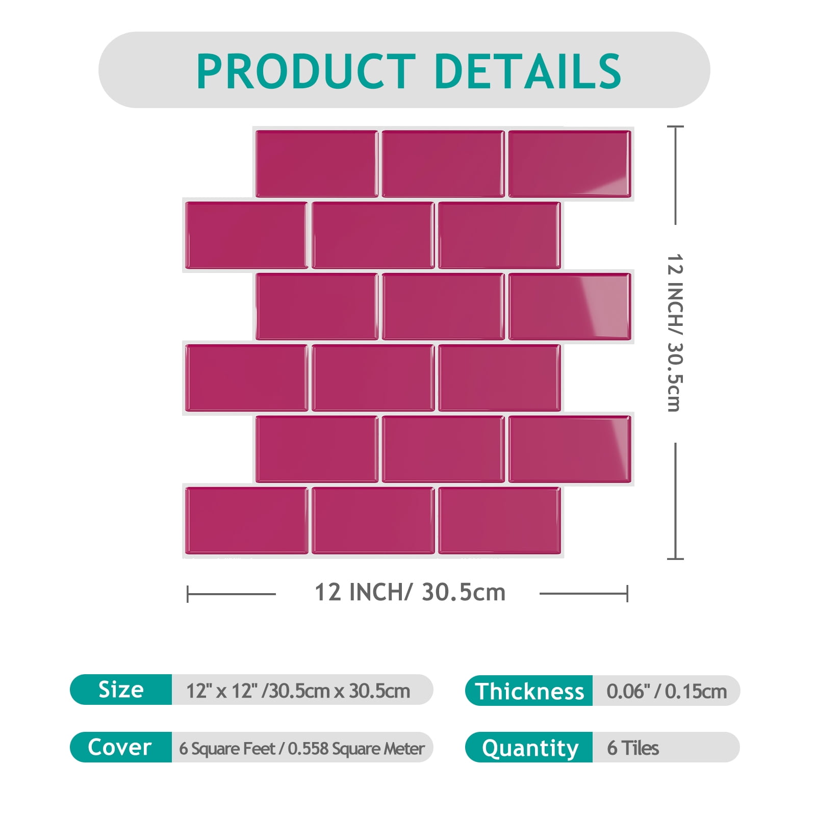VEELIKE Berry Pink Subway Tile Peel and Stick Backsplash for Kitchen Waterproof 12"x12" 6 Sheets Backsplash Tiles Self Adhesive Wall Tiles Renter Friendly Backsplash Stick on Tile for Bathroom