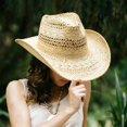 thumbnail image 2 of Hand‑Woven Paper Straw Cowboy Hat Hollow Knit Wide Brim Sun Hat Unisex Outdoor Beach Travel Sun‑Protection Fedora Hat for Men Adults, 2 of 7