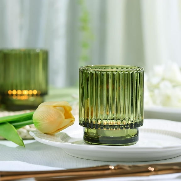 8pcs Large Green Votive Candle Holders for Wedding Centerpieces, Glass Tea Lights Decor