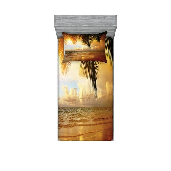 Ambesonne Beach Fitted Sheet & Pillow Sham Set, Sunset Caribbean Palms, Twin, Dark Orange Pale Blue