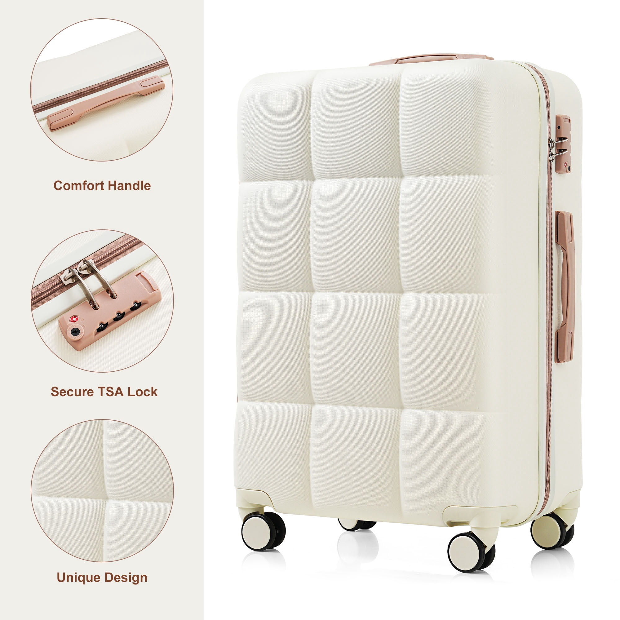 Euroco Luggage Set 3 Piece, ABS Hardside Suitcase with Spinner Wheels and TSA Lock, 20" Carry-on Luggage with Cup Holder for Travel(20"/24"/28"),White