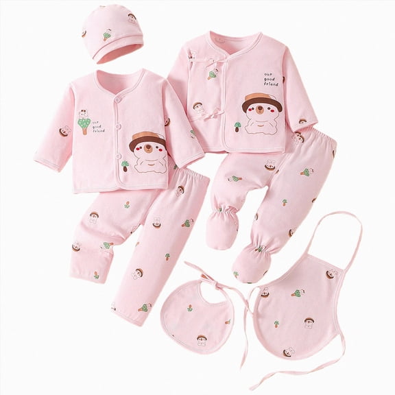 CAUYDY Preemie Baby Girl Boy Clothes Pants Hat Bib Bellyband Layette Set 7-Pieces Newborn Pajamas Cotton Outfit for Fall Winter Spring Summer All Seasons (Sizes 0-3 Months,Pink)