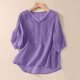 thumbnail image 2 of Blusa vintage de lino bordada para mujer con cuello en V y patchwork - Camisa informal de color liso y estilo chino retro, 2 of 6