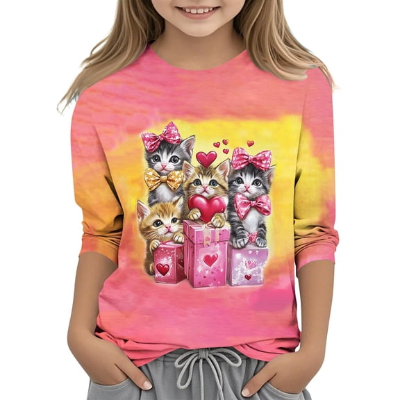 9 Kid Girl Boy Tops Shirts Cute Cat Print Top for Girls - 3/4 Sleeve T Shirts, Kittens Love Crewneck Blouse