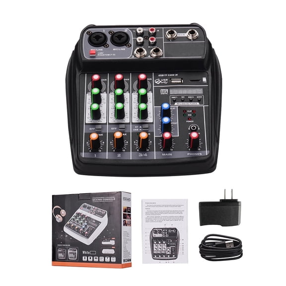 4-Channel Bluetooth Audio Mixer, Compact Digital Mixing Console with USB/MP3/TF,  48V Phantom Power for Home Recording, Podcast, Karaoke, DJ