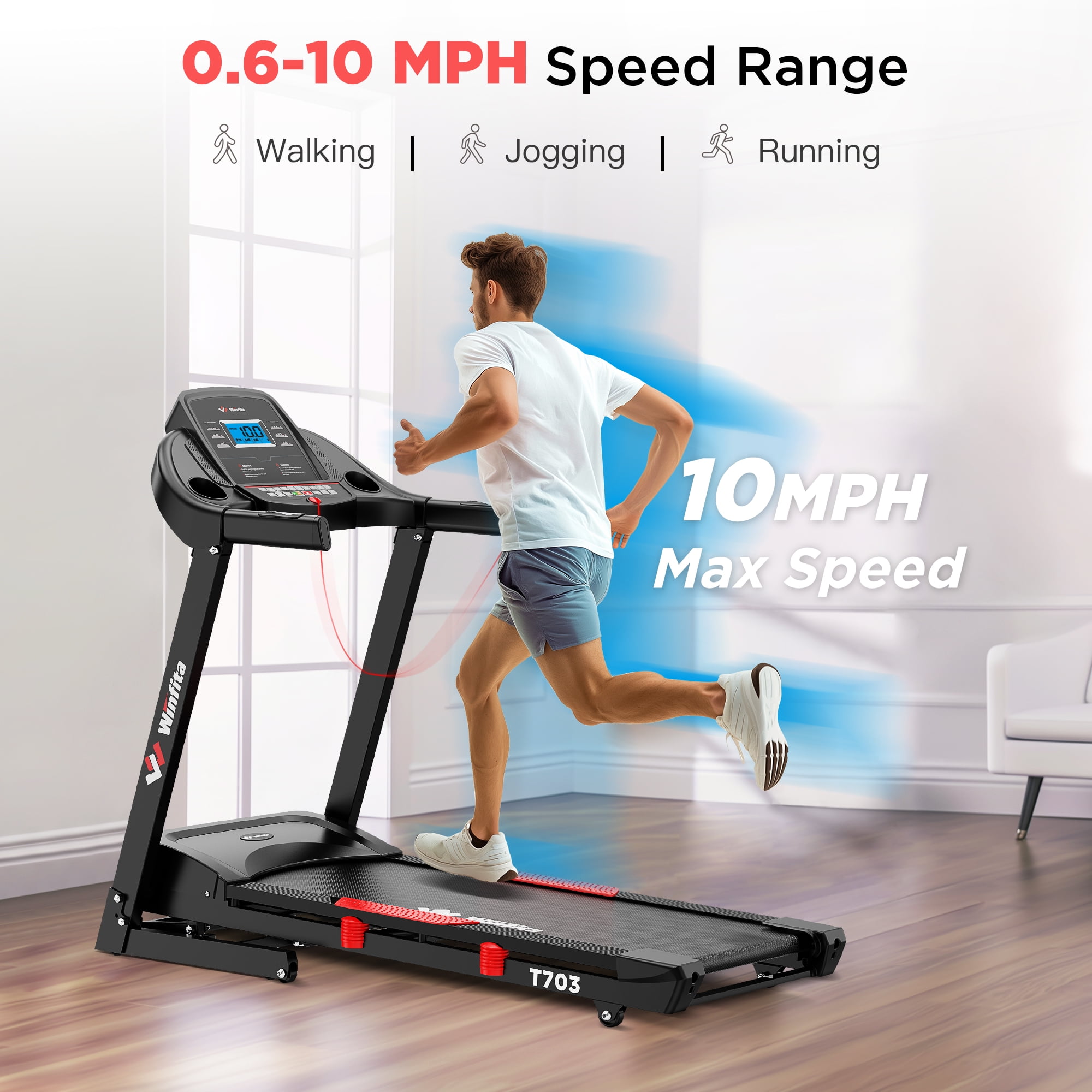 Winfita Treadmill with Incline 300 Lbs Capacity, Automatic Incline Treadmills for Home, Portable Walking Treadmill with Handles, Electric Folding Workout Treadmills