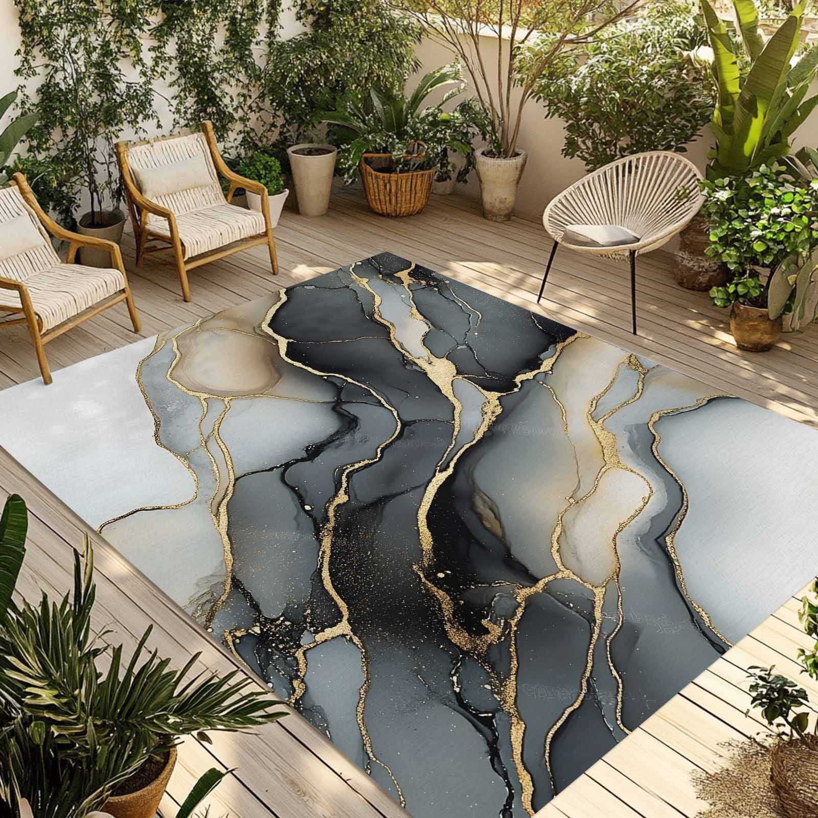 Outdoor Rug 3x5ft Ombre Black White Marble Large Area Rug Modern Art Indoor Outdoor Carpet Outdoor Rugs Mats for Patio Camping,RV,Front Door, Outside Decor