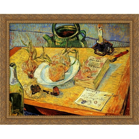 Still Life with Drawing Board, Pipe, Onions and Sealing-Wax 36x28 Large Gold Ornate Wood Framed Canvas Art by Vincent van