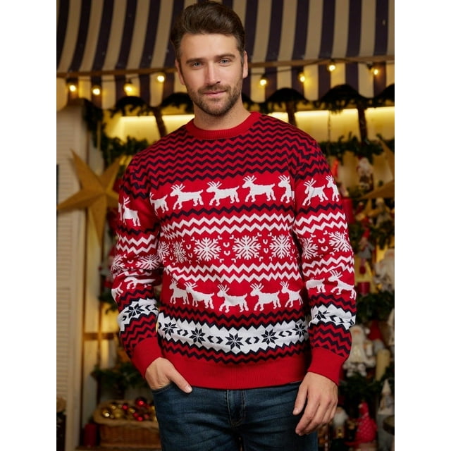 Suéter europeo y americano Ropa de pareja Suéter navideño para hombre y mujer Suéter de manga larga con cuello redondo y alce en jacquard para mujer
