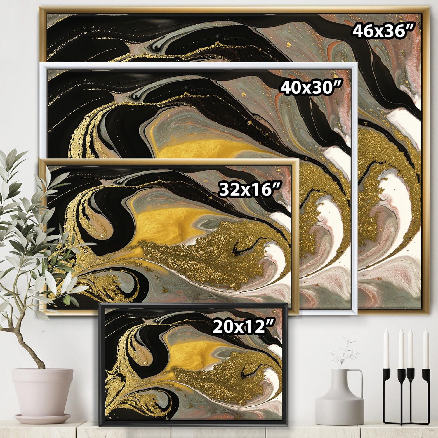 Designart Texture ondulée marbrée or et noir I ART MURAL À CADRE FLOTTÉ