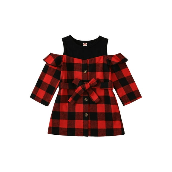 Bagilaanoe Toddler Baby Girl Plaid Dress Long Sleeve Off Shoulder A-line Princess Dresses with Belt 18M 24M 3T 4T 5T 6T Kids Casual Christmas Clothes