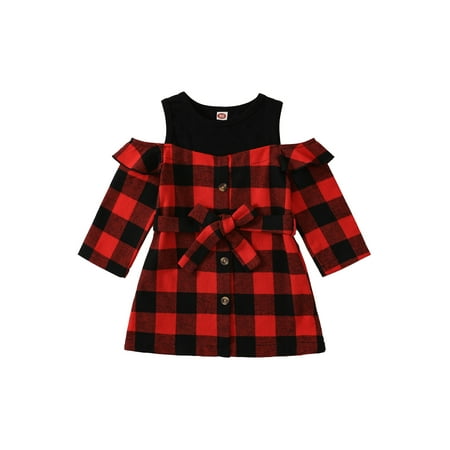 

Ma&Baby Kid Girl Christmas Dress Long Sleeve Off Shoulder Plaid Fake-2-Piece High Waist Dress+ Waist Belt