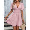 thumbnail image 5 of Dusty Pink Solid Cross Wrap Short Sleeve Ruffle Waist Pleated Mini Dress, 5 of 8