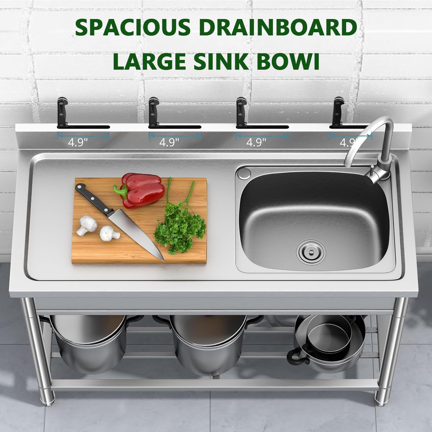 Garvee Rectangular Free Standing Single Bowl Kitchen Sink,Stainless Steel Utility Sink Workbench Storage Shelf & Hot/Cold Stainless Faucet Commercial Sink Backyard Garden Laundry 47"x40"x20"