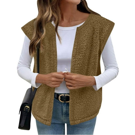 Htigea Womens Sleeveless Jackets Sherpa Lined Vest Fall Fashion Casual Outerwear Open Front Cardigans Brown S